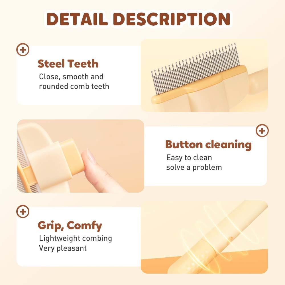 Pet Flea Comb Grooming Brush, 2025 Upgraded Flea Comb for Cats & Dogs, Self-Cleaning Pet Flea Comb Grooming Brush for Shedding, Short/Long Hair, Massaging & Tear Stain Removal