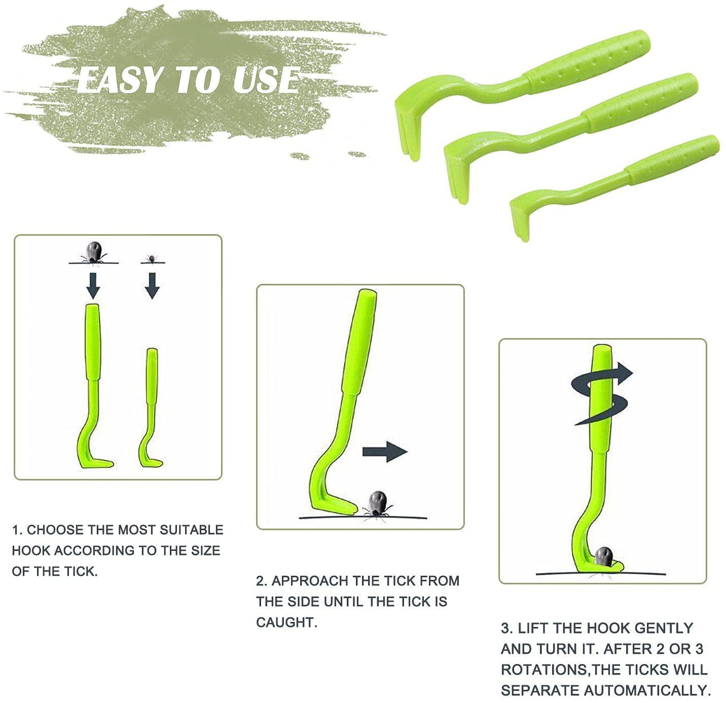 PHANY 3PCS Tick Clip, Tick Hooks, Tick Traps, Tick Traps for Dogs and Cats, Tick and Flea Removal, Green