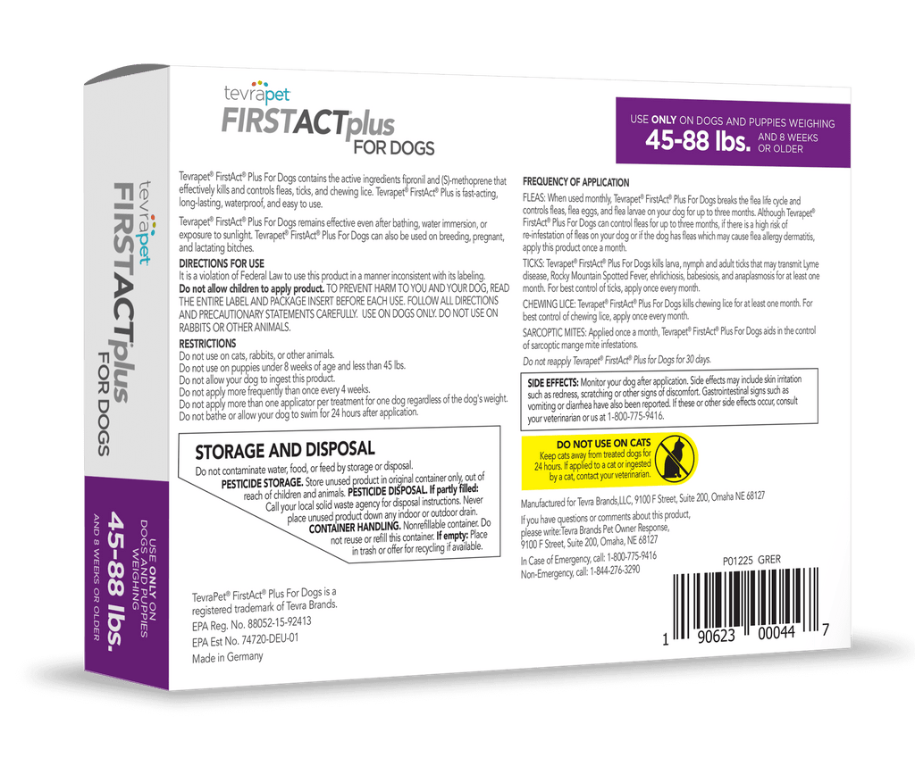 TevraPet FirstAct Plus Flea and Tick Prevention for Large Dogs 45-88 lbs, 6 Monthly Doses, Topical Drops