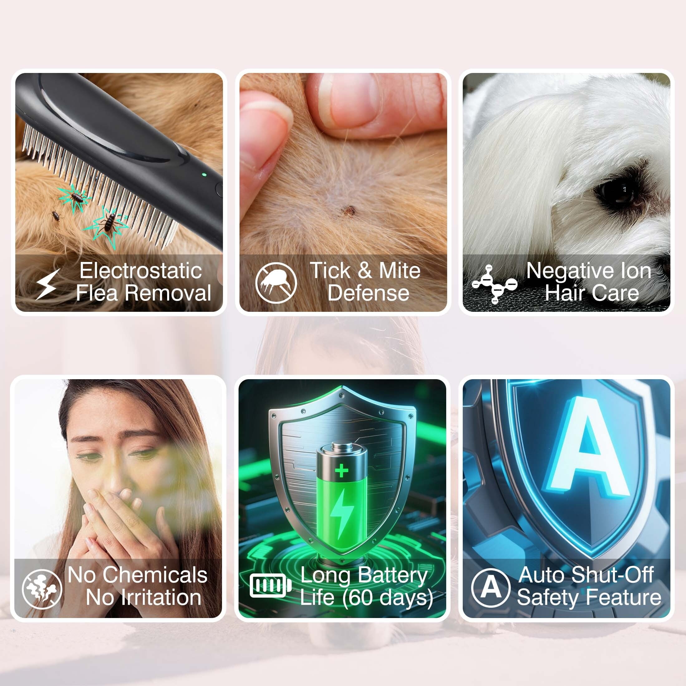 Petjoy ElectroCare Rechargeable Electrostatic Flea Comb for Dogs & Cats, Stainless Steel Teeth, Multi-Function Grooming Tool, 1 Count