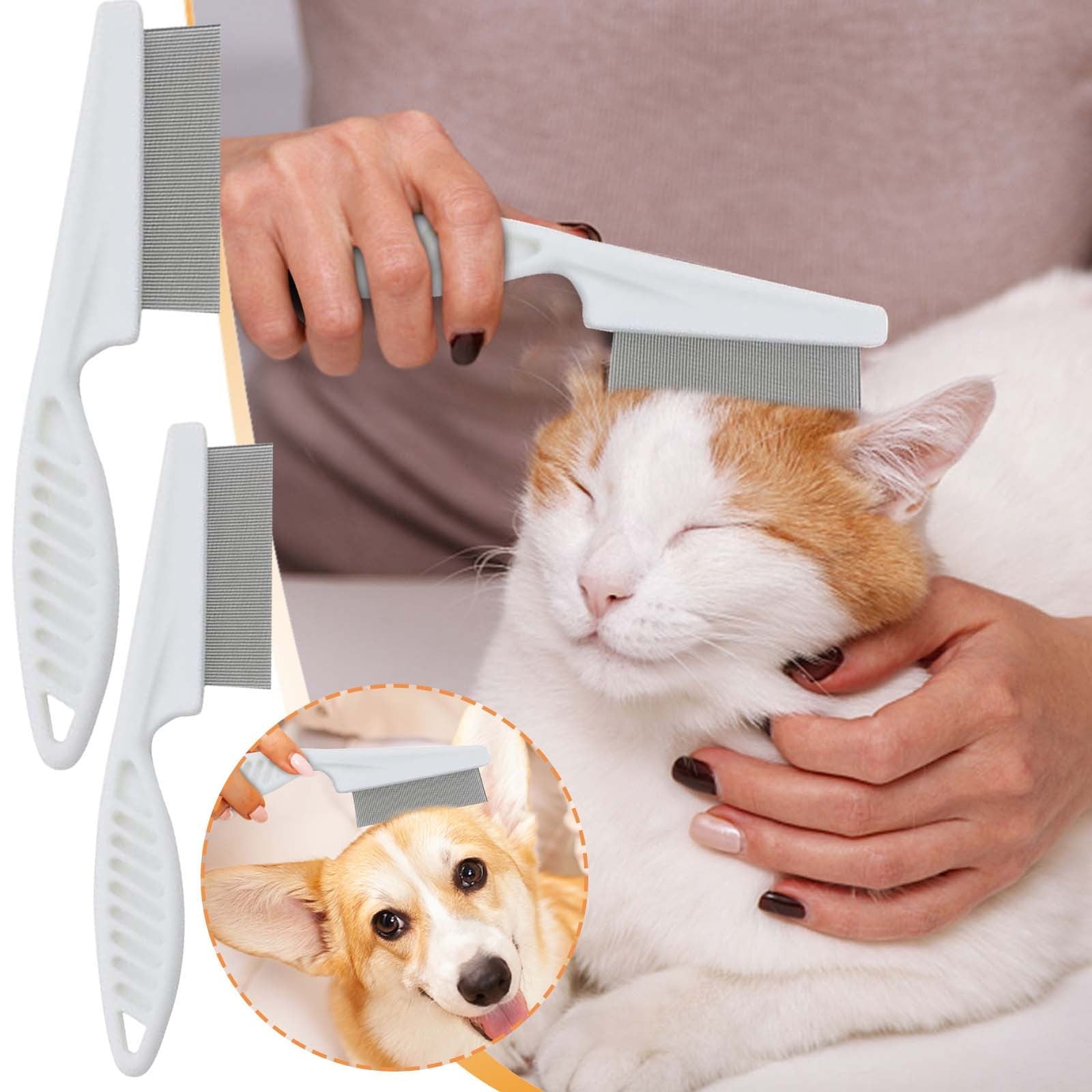Herrnalise Multifunctional Pet Hair Comb Tear Stain Removal, Dog/Cat Lice Comb, Flea Brush for Cats, Suitable for Small Dogs Puppies, 2 in 1 Dog/Cat Comb Teeth Stainless Steel Combing Massage