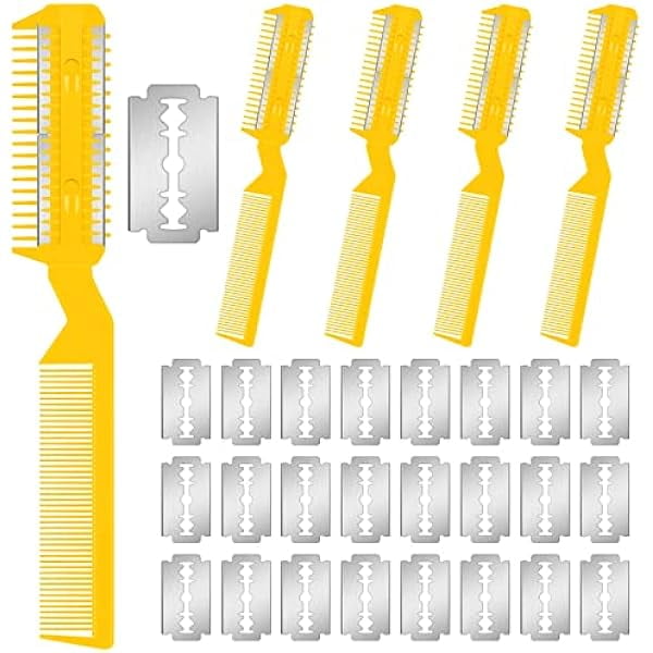 Saluqifa 5 Pieces Razor Comb for Dogs Hair Grooming Trimmer for Pet Razor Comb with 25 Extra Blades Manual Dog Hair Trimmer Double Edge for Cats Hair Cutting Tool(Yellow)