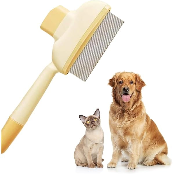 Saluqifa Pet Comb for Dogs Cats, Pet Hair Removal Flea Comb, Cat Grooming Brush De-Shedding Cat Hair Comb Stainless Steel Metal Teeth for Shedding and Tangles with Release Button(Yellow)
