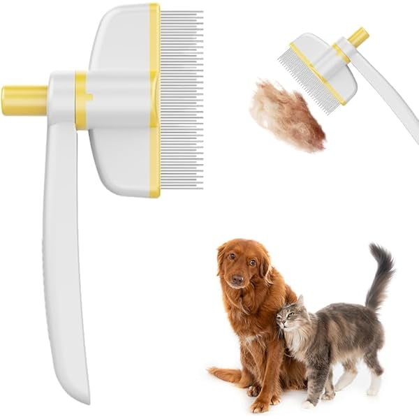 Saluqifa Pet Hair Removal Comb Flea Comb, Multifunctional Cat Combs Dog Combs with Release Button, Pet Grooming Brush for Short and Long Hair Cats Dogs (Yellow)
