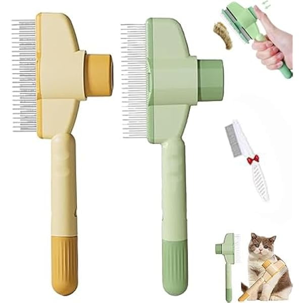 Saluqifa Zen Brush for cats, Recognize Know Cat Comb, Onciset Self Cleaning Pet Flea Comb Grooming Brush, Upgrade Dog and Cat Hair Removal with Release Button(2Pcs)