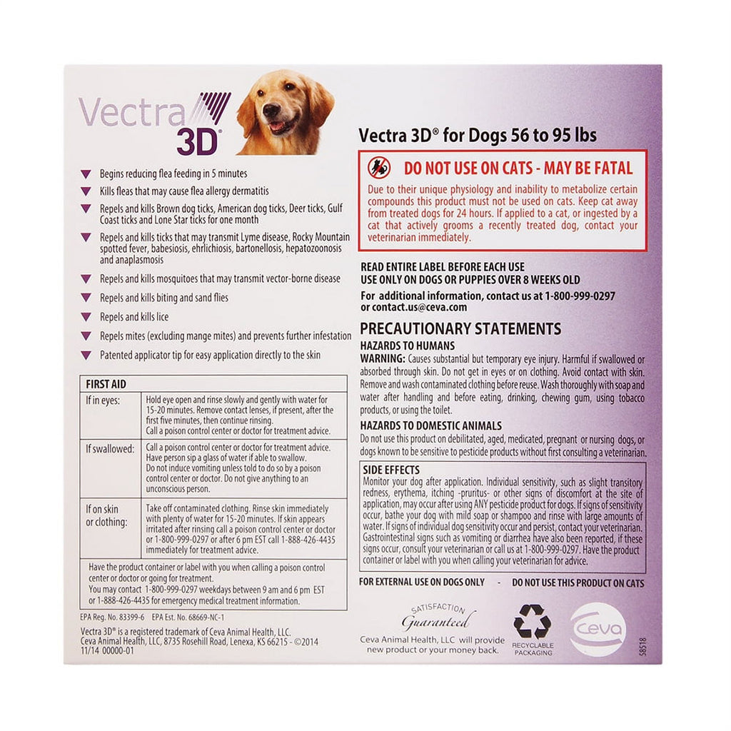 Vectra 3D Flea & Tick Spot Treatment for Dogs 56 to 95 lbs 3 dose