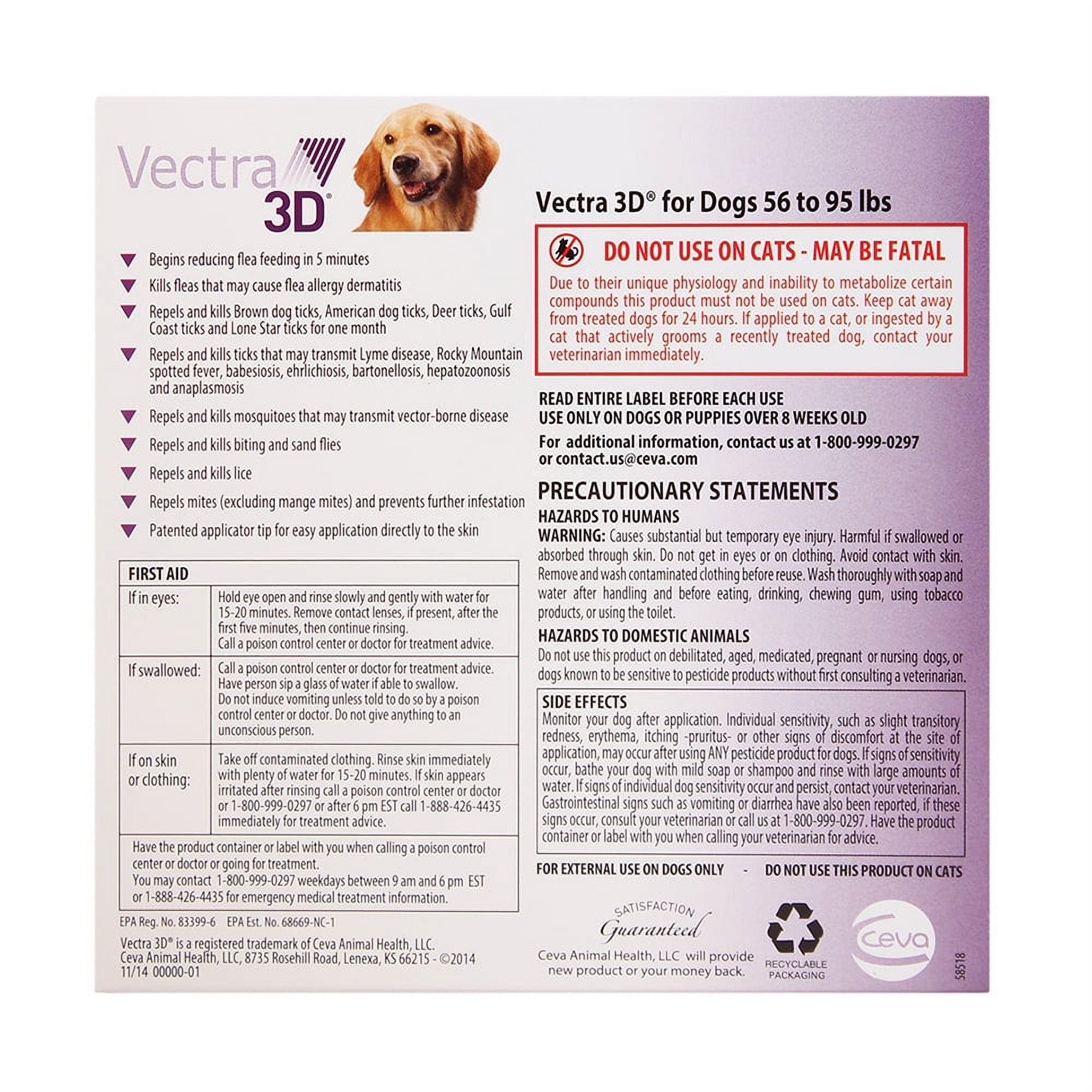 Vectra 3D Flea & Tick Spot Treatment for Dogs 56 to 95 lbs 3 dose